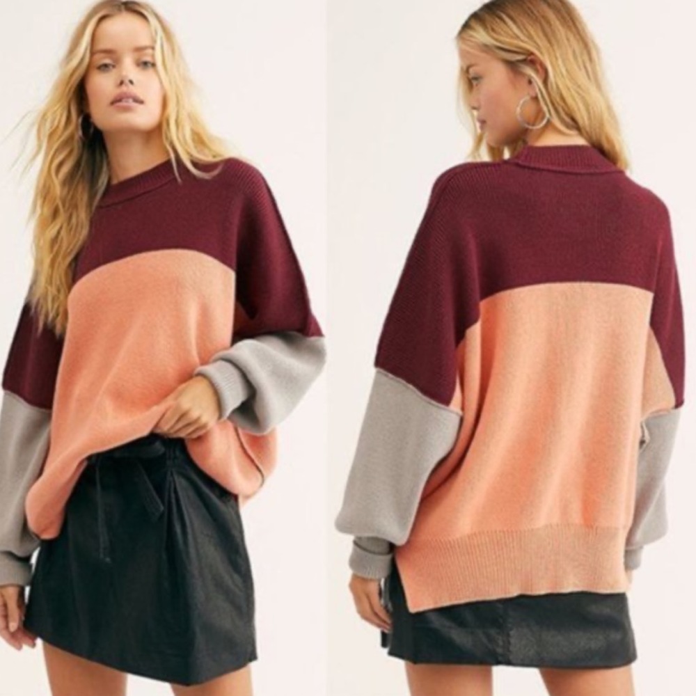 Free People Easy Street Color block Peach Maroon Sweater